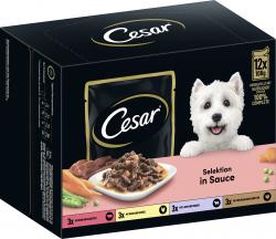 Cesar Selektion in Sauce mit Rind und Karotten, mit Huhn und Gemüse, mit Lamm und Erbsen, mit Truthahn und Karotten.
