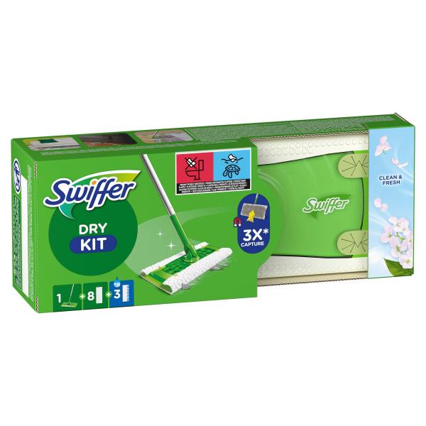 Swiffer Boden Starterset Wet + Dry (Bodenstab + 3 Wet Wischtücher + 8 Dry Trockentücher)