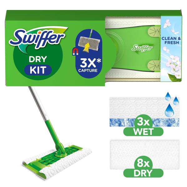 Swiffer Boden Starterset Wet + Dry (Bodenstab + 3 Wet Wischtücher + 8 Dry Trockentücher)