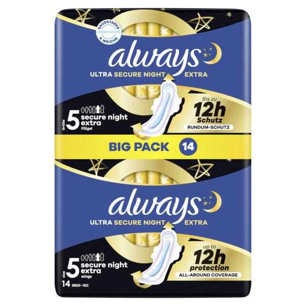 Always Ultra Secure Night Extra Binden mit Flügeln (Größe 5)