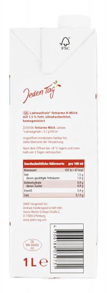 Jeden Tag Laktosefreie fettarme H-Milch 1,5%