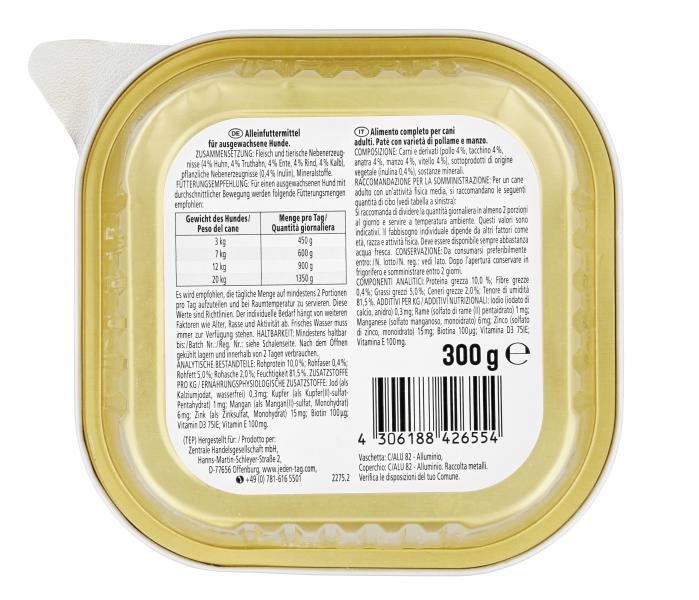 Jeden Tag Hund Pastete mit Vielfalt aus Geflügel & Rind