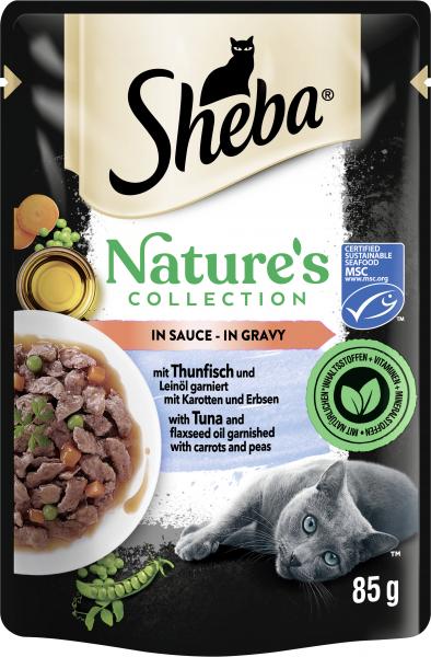 Sheba Nature's Collection in Sauce mit Thunfisch und Leinöl garniert mit Karotten und Erbsen