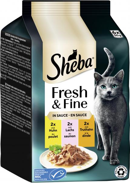 Sheba Fresh & Fine in Sauce mit Huhn, Lachs und Truthahn