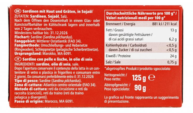 Jeden Tag Sardinen in Sojaöl mit Haut und Gräten