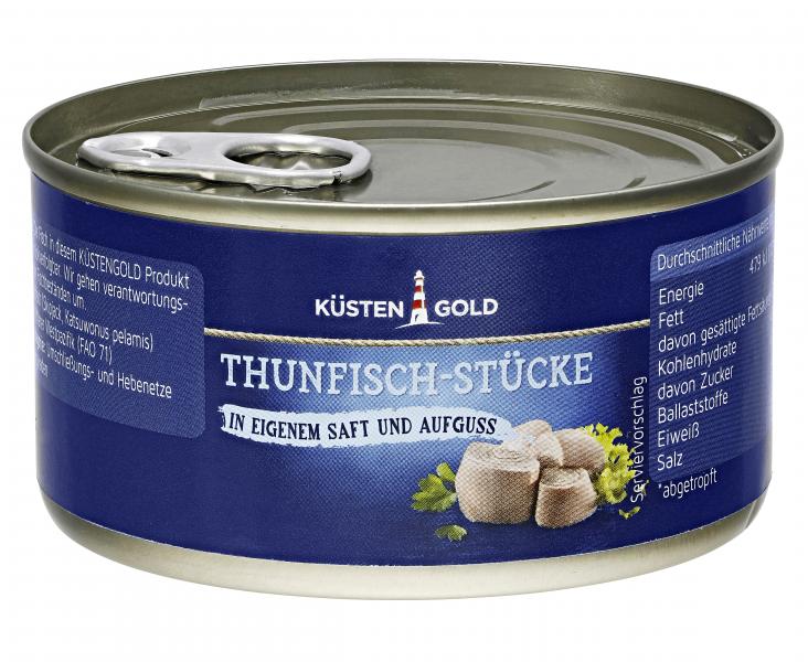 Küstengold Thunfisch-Stücke in eigenem Saft und Aufguss.