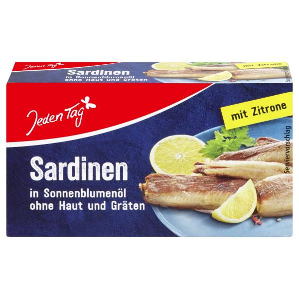 Jeden Tag Sardinen in Sonnenblumenöl ohne Haut und Gräten
