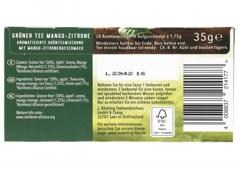 Bünting Tee Premium Grüner Tee Mango-Zitrone