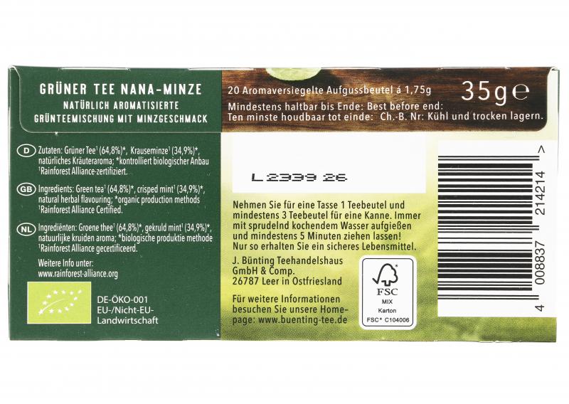 Bünting Tee Premium Bio Grüner Tee Nana-Minze