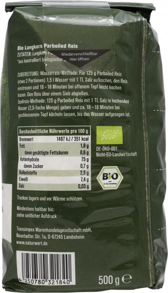 NaturWert Bio Langkorn Reis Parboiled