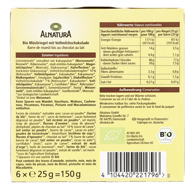 Alnatura Müsli Riegel Schoko 6er Pack
