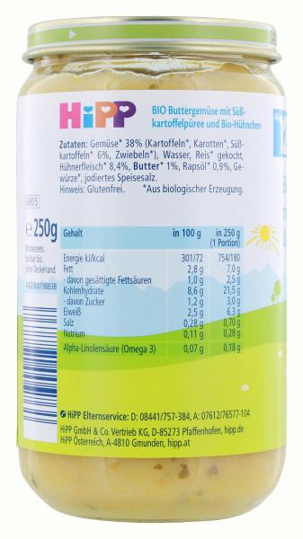 Hipp Buttergemüse mit Süßkartoffelpüree und Bio-Hühnchen