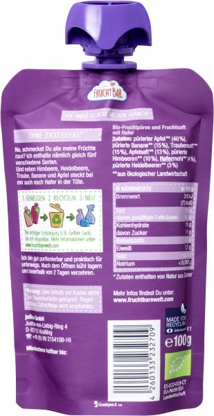 FruchtBar Bio Quetschie Fruchtpüree Himbeere-Heidelbeere-Traube-Banane-Apfel-Hafer