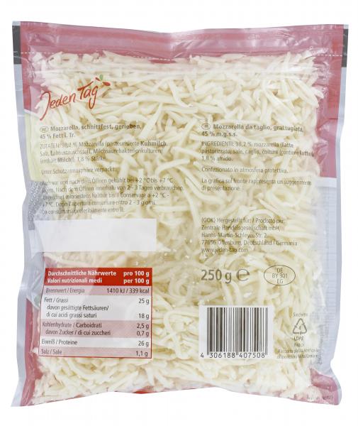 Jeden Tag Mozzarella mild gerieben