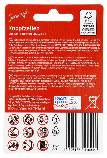Jeden Tag Knopfzellen Lithium-Batterien CR2025